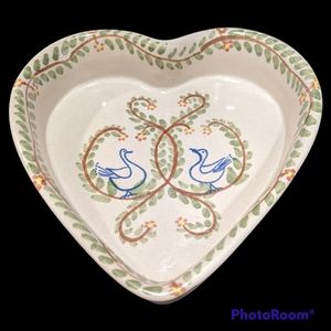 Vintage heart shaped pottery dish with bridal quilt pattern
